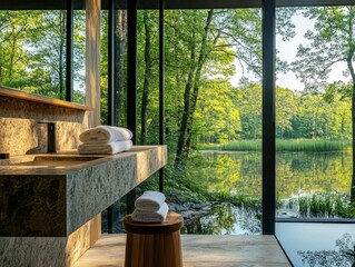 A bathroom with a sink and a mirror. The sink is next to a wooden stool. There are two white towels on the stool. The bathroom has a view of a lake