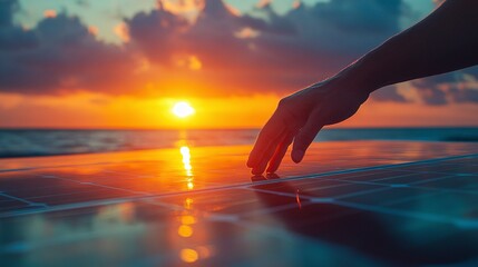 Wall Mural - gentle touch of a human hand on a solar panel during sunset, showcasing the renewable energy potential and innovation in sustainable technology for the future