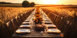 © john - Autumn outdoor long banquet table setting, wheat field, fall harvest season, wide, rustic, fete party, outside dining tablescape