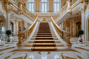 Grand palatial staircase, classic European interior design, polished marble floor, opulent, gold, beige and red