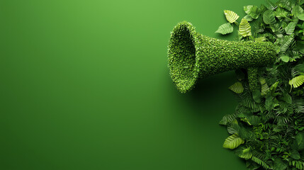 Green Megaphone Made of Leaves and Plants on a Green Background