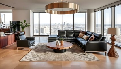 A modern and luxurious living room with a large curved light fixture, a black leather sectional sofa, a round coffee table, and large windows providing natural light