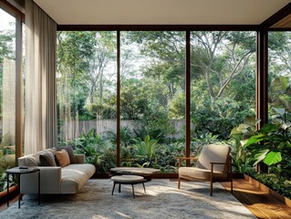 A living room with a couch and a chair. The couch is white and the chair is tan. There is a coffee table in the room. The room has a view of a forest