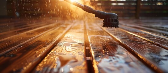 Wall Mural - Close-up of a Wet Wooden Deck with Water Sprayer