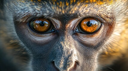Wall Mural - close-up of a wild monkey with expressive eyes and detailed fur, illuminated in natural light, captu