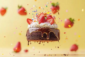 Wall Mural - A delicious chocolate cake topped with strawberries, whipped cream, and colorful sprinkles.