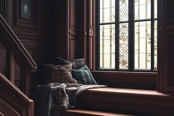 A window seat with pillows and a blanket on it. Dark academia style, victorian style mansion interior design with wooden stairs.