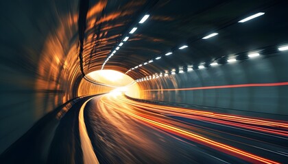 Dynamic light trails illuminating tunnel walls, showcasing motion and speed in an urban environment