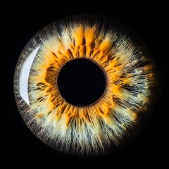 Eye iris macro on a black background. Human eyeball close up. The cornea is brown in color. Detailed texture.