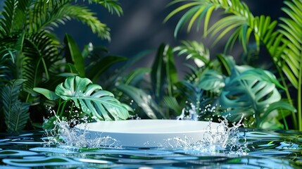 Wall Mural - A white pedestal with green tropical leaves and water splashing. Product display podium for natural cosmetics, spa, relaxation