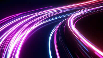 Wall Mural - Light speed neon road lines. Laser tunnel movement effect. A trail of luminous stripes. Flow of LED curved rays.