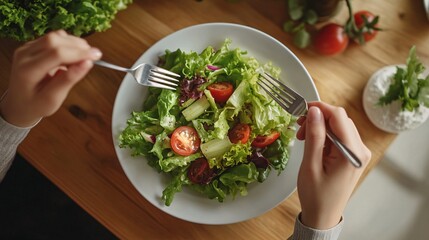 Fresh green salad with cherry tomatoes being enjoyed at a wooden table, showcasing a healthy lifestyle and delicious meal.