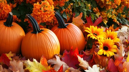 Pumpkins, autumn leaves, and orange flowers creating a vibrant seasonal composition, perfect for fall and harvest themes. 