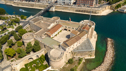 Poster - Aerial view of the Aragonese castle, officially called Castel San Angelo, and Bridge of San Francesco di Paola, also known as Ponte Girevole, in the historic center of Taranto, Puglia, Italy.