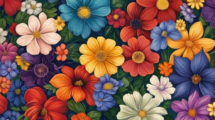 A lively assortment of vivid flowers displaying detailed petal patterns and rich colors ideal for nature inspired projects