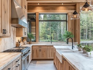 A kitchen with a sink and a stove. The sink is black and the stove is silver. The kitchen has a window with a view of trees