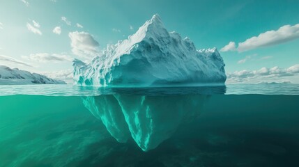 Iceberg drifting in clear turquoise waters showcasing both underwater and surface perspectives Represents the impacts of climate change