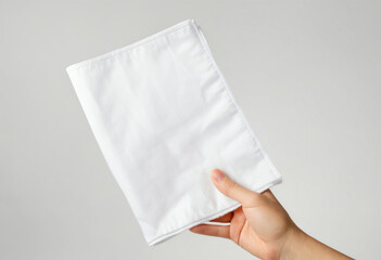 Hand holding cloth napkin on white background
