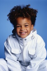 Sticker - African boy wearing white astronaut suit photography portrait smile.