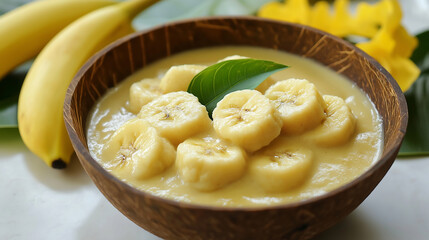 Wall Mural - Fresh bananas sliced into perfect rounds, served in a bowl with a touch of green.