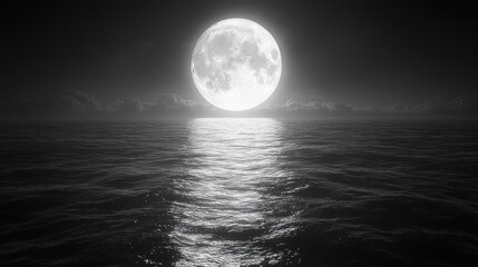 A serene black-and-white moonlit ocean scene.