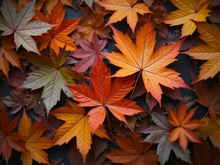 カエデ・紅葉した赤・緑・紫・オレンジの葉がボードの上に散らばって敷き詰められている　Maple leaves in red, green, purple, and orange autumn colors are scattered and spread across the board