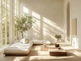 A white room with a tree in the corner. There are two couches and a coffee table