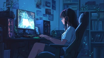 Anime girl in her room sitting on a gaming chair and using a computer