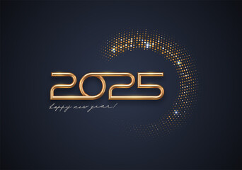 Canvas Print - 2025 new year luxury logo with shining golden halftone on black background. Vector illustration.