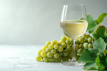 A wine banner featuring a glass of white wine and green grapes on a clean white background