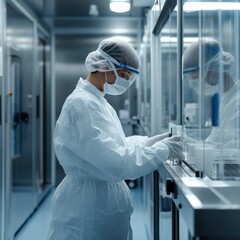 Worker in sterile lab performing final product checks