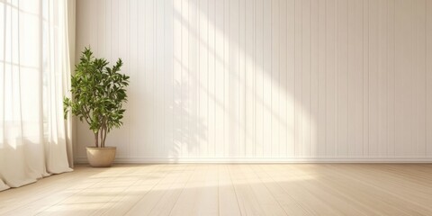 A large empty room with a white wall and a large potted plant in the center. The plant is tall and green