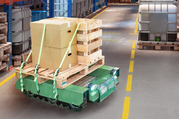 Poster - Warehouse robot. Automatic trolley for moving pallets. Warehouse technologies. Robot with boxes in storage building. Automation logistics processes. Machine with pallet near warehouse rack. 3d image