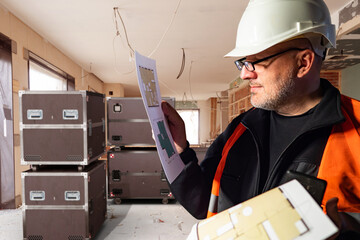 Poster - man builder. architectural drawings in hands of engineer. transport containers on wheels behind arch