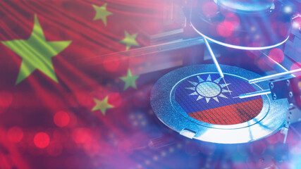 Aufkleber - Chip production in Taiwan. Flag of China. Equipment for testing microcircuits. Concept confrontation China and Taiwan in electronics market. Semiconductor production. Microelectronics industry