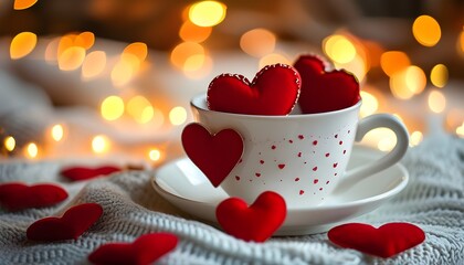 Cozy Setting Featuring Romantic White Cup Adorned with Red Heart Against Warm, Defocused Lights Perfect for Valentines Day Themes