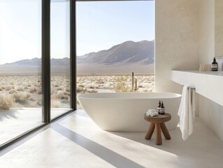 Wall Mural - A bathtub with a wooden stool next to it. A bottle of shampoo is on the stool