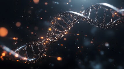 Poster - Glowing DNA Double Helix with Particles in Dark Background