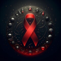 Red ribbon with a symbol of AIDS on black background