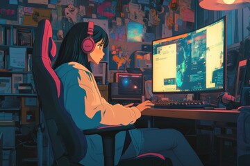 Anime girl in her room sitting on a gaming chair and using a computer