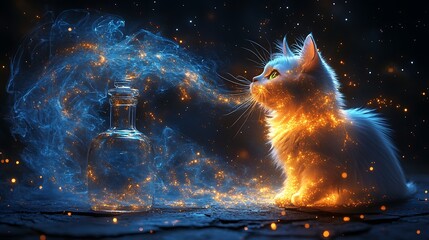 A white kitten with glowing fur sits next to a glass bottle emitting magical sparks.