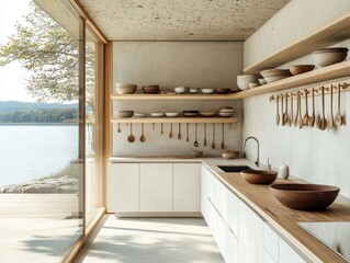 Wall Mural - A kitchen with a window and a sink. There are many bowls and spoons on the wall