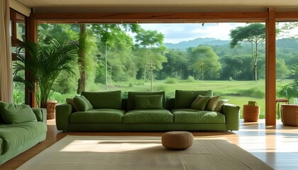 Wall Mural - Lush Living Room Oasis with Green Couch and Expansive Nature Views