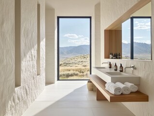 Sticker - A bathroom with a large window and a mirror. There are two sinks and a towel rack. The bathroom is white and has a view of the mountains