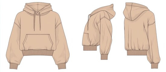 Cropped hoodie sweatshirt fashion illustration featuring batwing sleeves in a flat technical drawing template zip up design with front and back views for unisex CAD mockup set