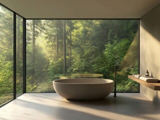 Wall Mural - A large bathtub is in a bathroom with a view of trees. The bathtub is white and has a black rim