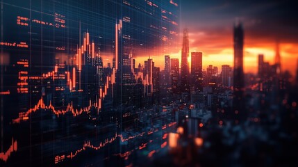 Poster - Stock Market Graph at Sunset Over Cityscape