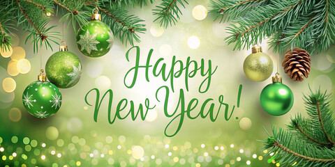 Festive Happy New Year Greeting Card with Green Ornaments and Pine Branches. Bokeh