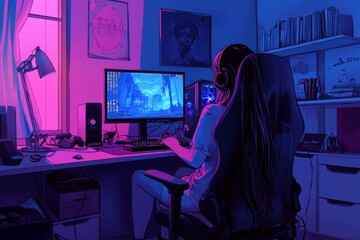 Anime girl in her room sitting on a gaming chair and using a computer