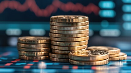 Aufkleber - Stacked Gold Coins with Stock Market Background
